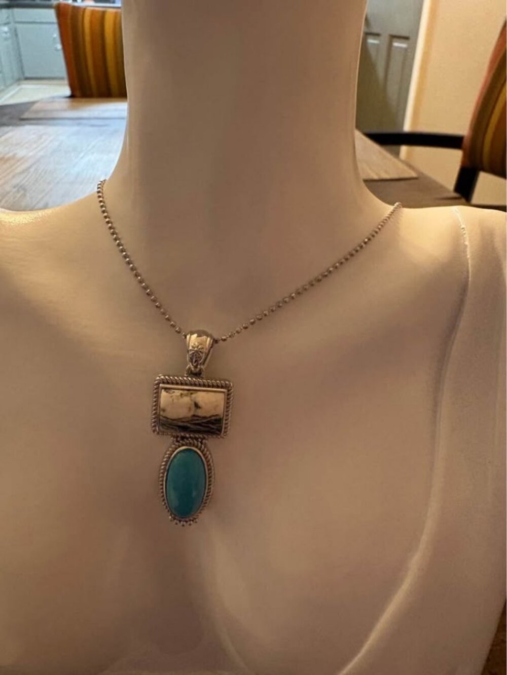 Sterling Silver White Buffalo and Turquoise Pendant Necklace